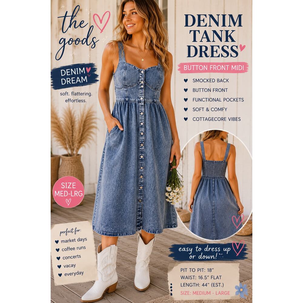 Denim Button Front Midi Dress Smocked Back Pockets Cottagecore Y2k Coquette